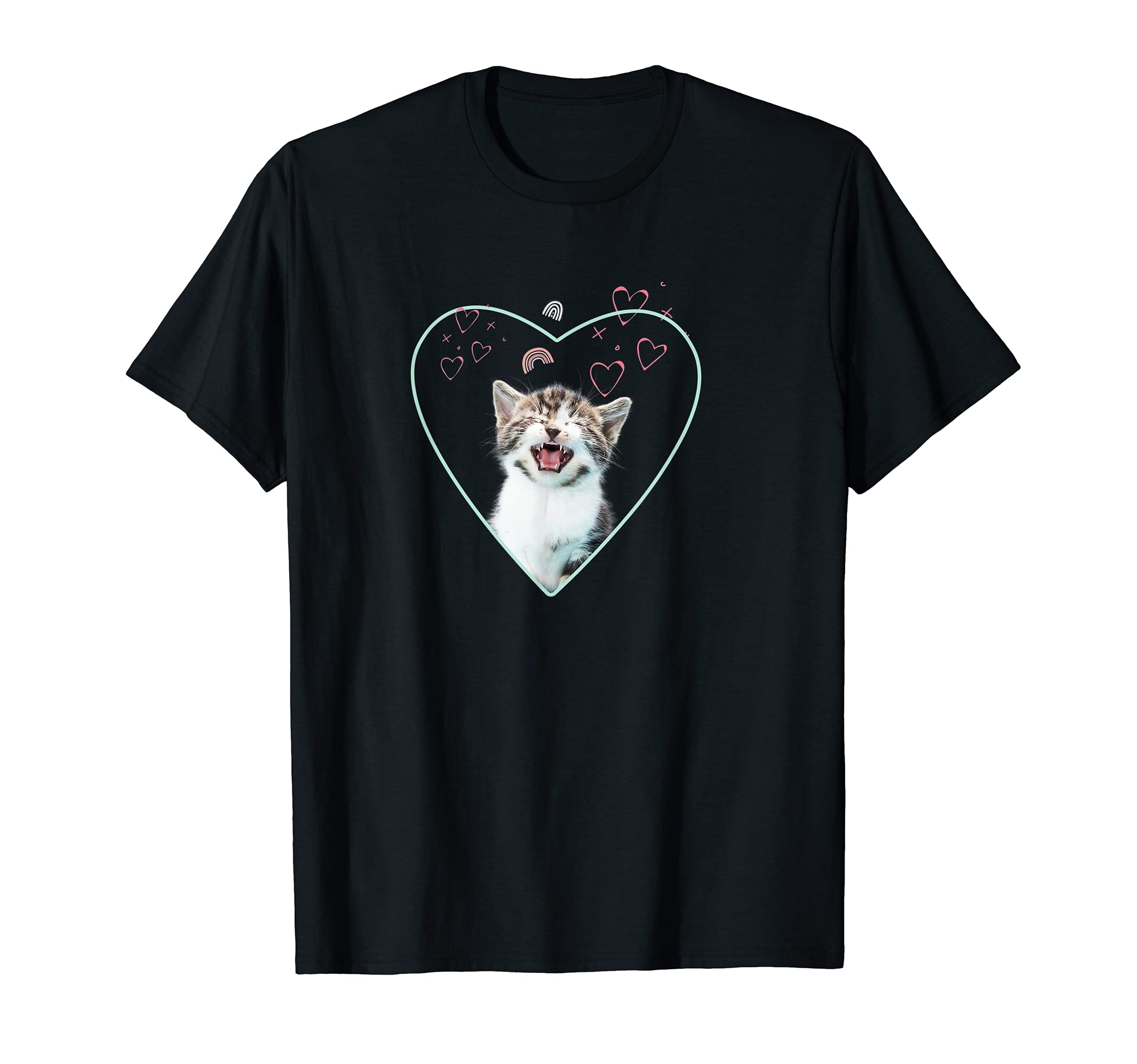 Kitten Meowing Photo Hearts and Rainbow T-Shirt