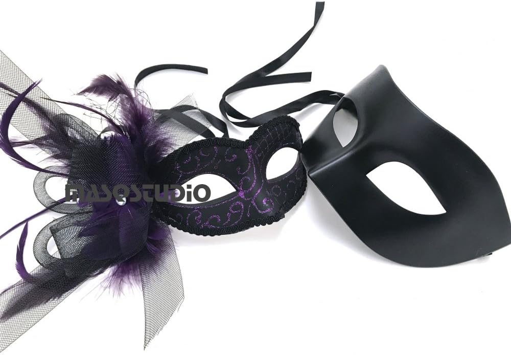 Amazon Com Couples Black Veil Masquerade Ball Mask Pair Flapper Feather Mardi Gras Birthday Party Wear Purple Home Kitchen