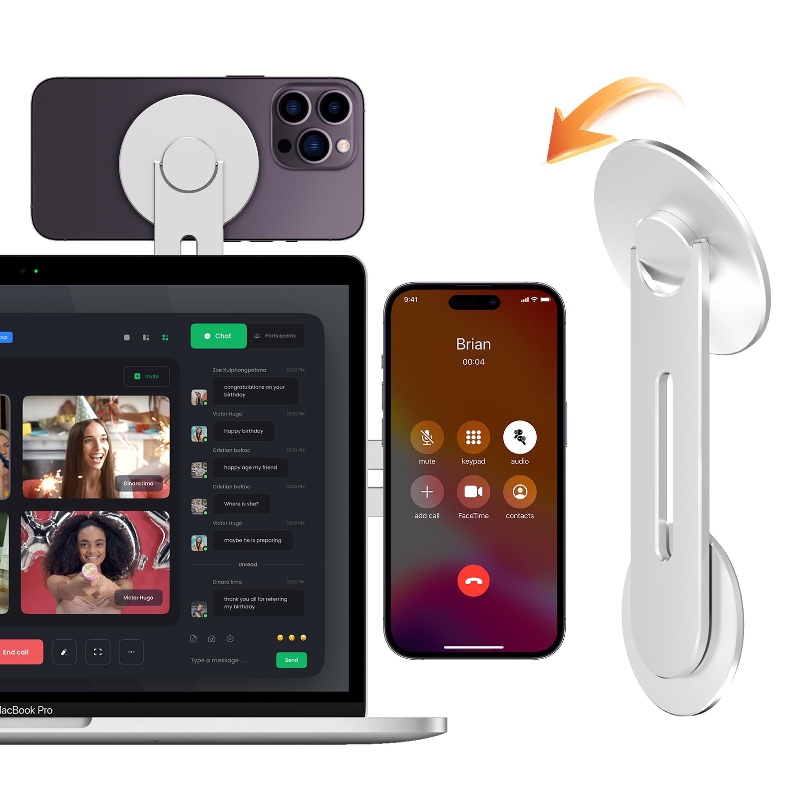 CloudValley Magnetic Laptop Phone Holder, Adjustable Continuity Camera Mount Compatible with MagSafe & for iOS 16 / macOS Ventura, Slim Portable Computer Expansion Bracket for Smartphone, Silver