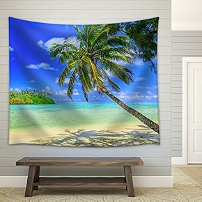 Rarotonga, Cook Islands. Motu Island and Palm Tree, Muri Lagoon. - Fabric Wall Tapestry Home Decor - 51x60 inches