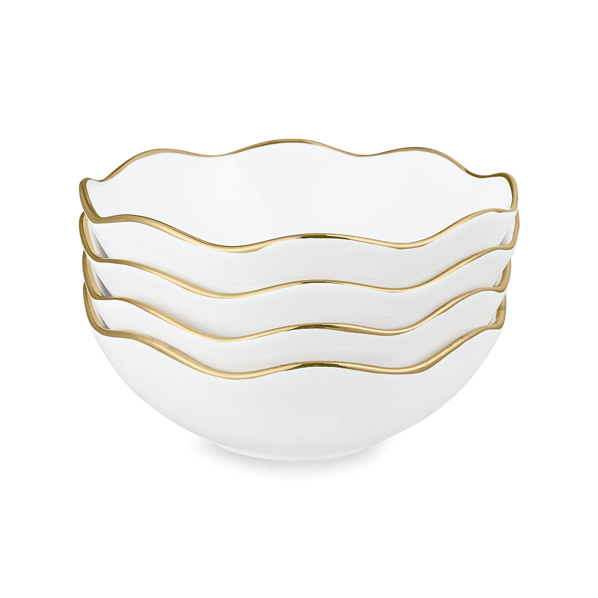 fanquare White Ceramic Pasta Salad Bowls Set of 4, Large Serving Bowls, Wave Shaped Cereal Bowl for Kitchen, Dining Table