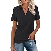 TICTICMISS Women's Polo Shirts Short Sleeve V Neck Summer Tops Business Casual Collared Shirts Loose Tees