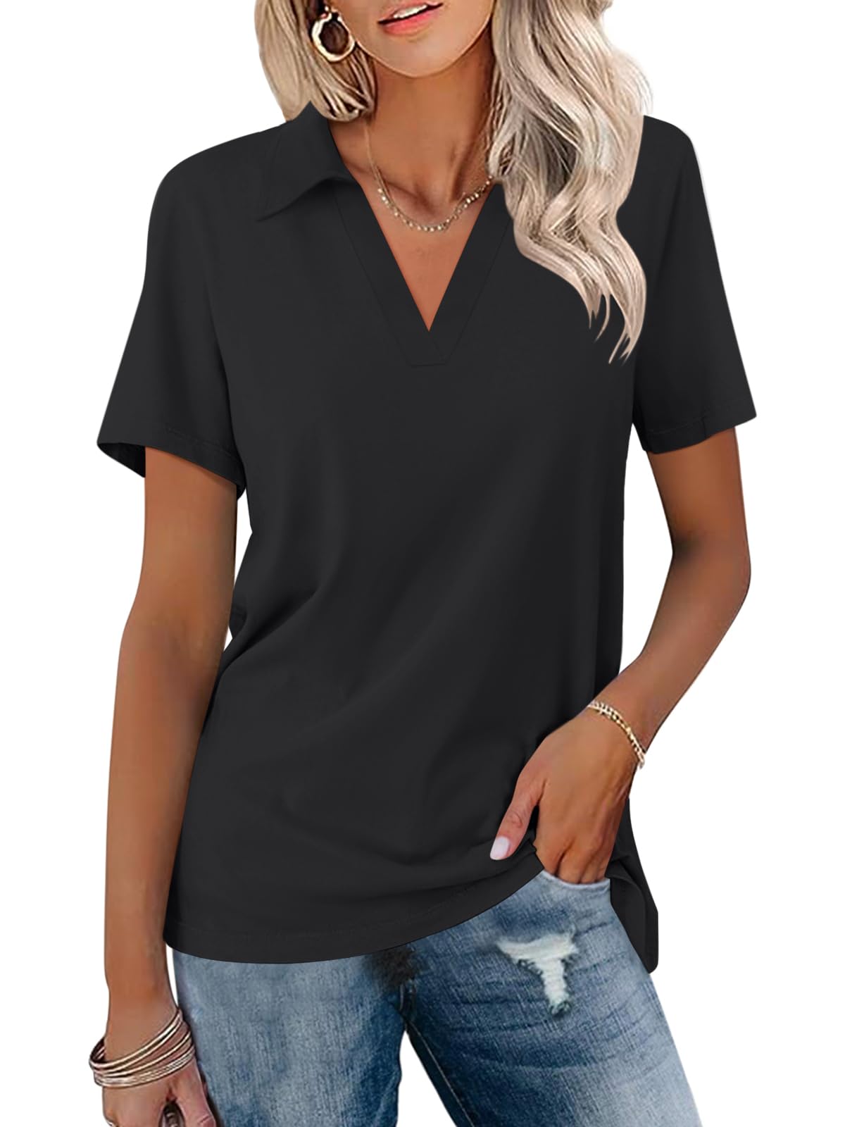 TICTICMISS Women's Polo Shirts Short Sleeve V Neck Summer Tops Business ...