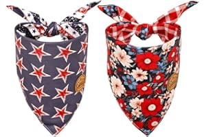 CROWNED BEAUTY 4th of July Patriotic Dog Bandanas Reversible Large 2 Pack, Floral Star Set, Plaid Adjustable Triangle Holiday Scarves for Medium Large Extra Large Dogs Boy Girl Pets DB117-L