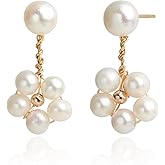 Handmade Wire Craft Freshwater Cultured Pearls Flower Dangling Drop Earrings