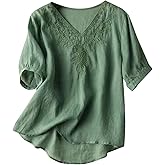Firzero Cotton Linen Tops for Women Summer 3/4 Sleeve Vintage Embroidery Shirts Casual Loose Tunic Tee Floral Printed Blouses, X-Large