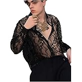 WDIRARA Men's Sexy Lace Button Down Shirts See Through Long Sleeve Collared Tops Party Clubwear