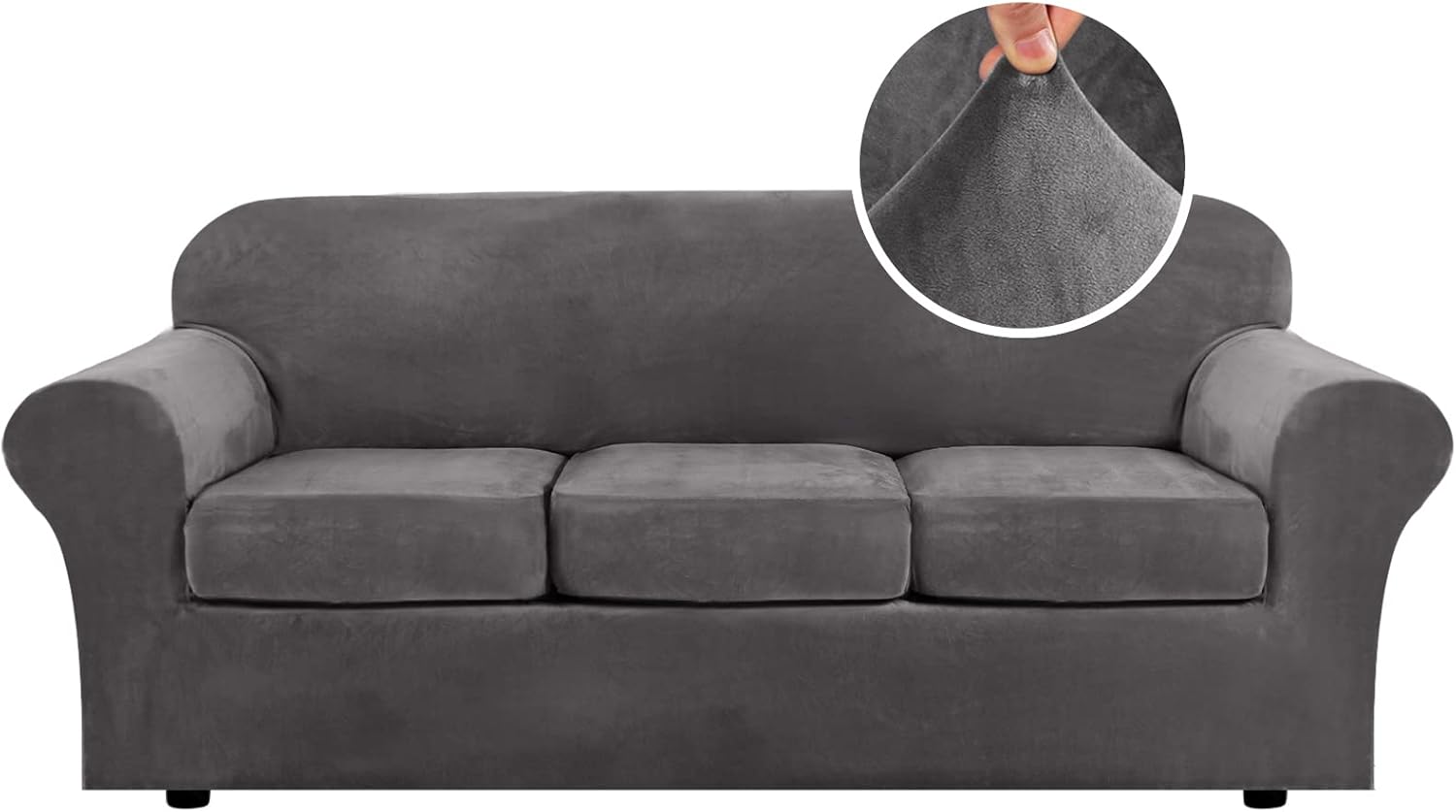 Slipcovers - H.VERSAILTEX 4 Pieces Thick Velvet Sofa Covers Couch Covers for 3 Cushion Couch Sofa High Stretch Slipcovers Furniture Protector Form Fit Luxury Couch Cover for Dogs Width Up to 90 Inch(Sofa,Grey)