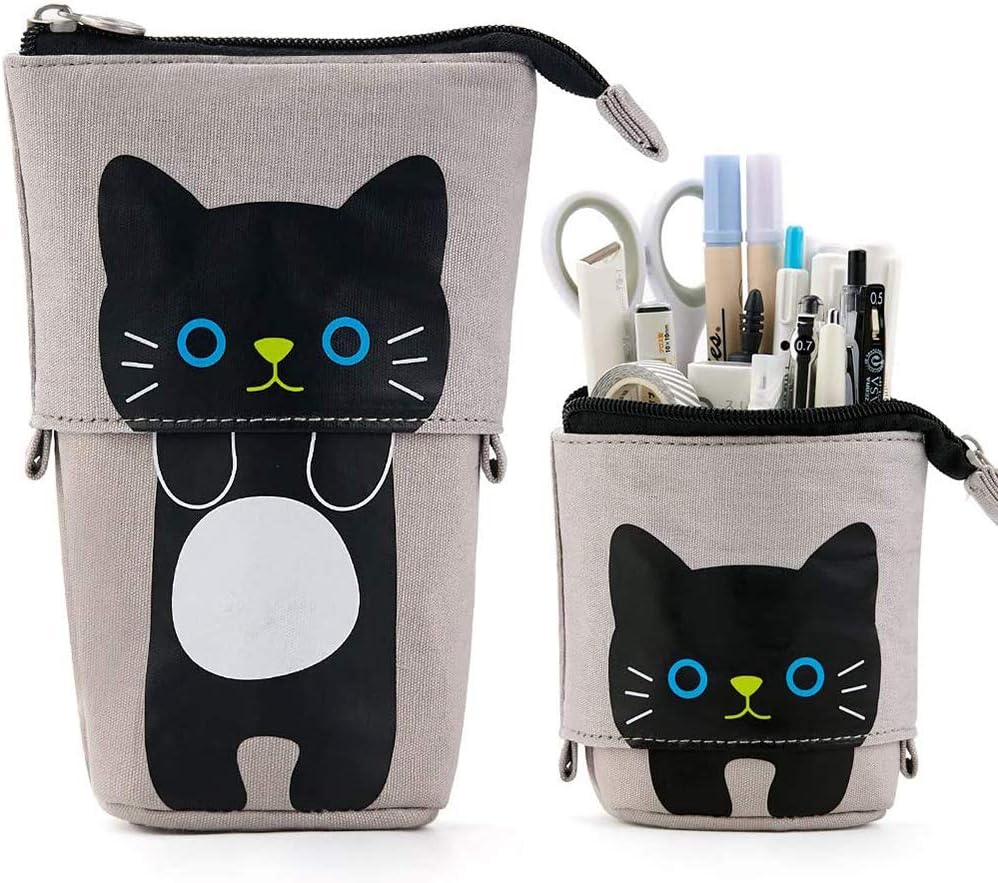 Transformer Stand Store Pencil Holder Canvas PU Cartoon Cute Cat Telescopic Pencil Organizer Makeup Bag Cosmetics Pouch Stationery Pen Case Box with Zipper for Students Boys and Girls (Grey)