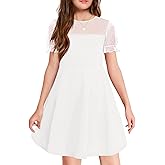 Haloumoning Girls Contrast Mesh Puff Short Sleeve Dress Kids High Waist A Line Casual Dresses with Pockets 4-14 Years