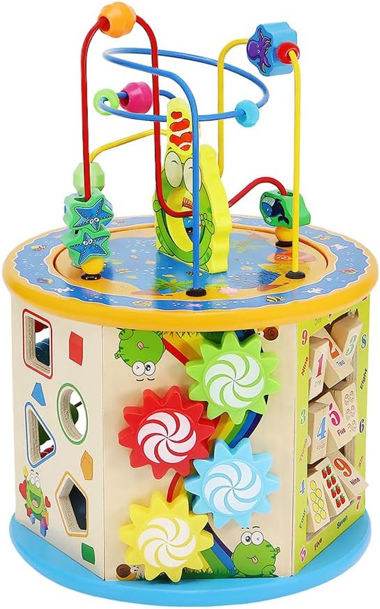 ISO TRADE Wooden Activity Centre Baby 8-in-1 Multifunction Bead Maze Cube Learning Toys for Kids Toddlers Gifts 7711 Centers, Multicoloured, 24,5x24,5x36 cm