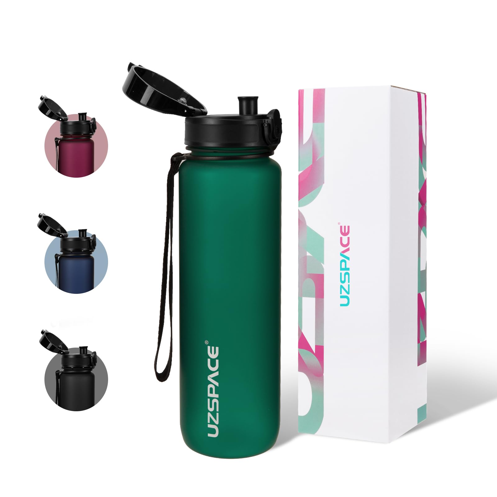 UZSPACE 1 Litre Water Bottle with Strainer - BPA Free Drinking Bottles for Adults - Sports Water Bottle with Capacity Scale - Daily Water Intake Bottle for School or Fitness & Outdoors Bright Green