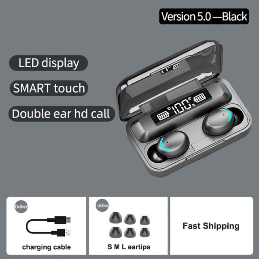 XIUHU F9-5 TWS Bluetooth Earphones 5.0 Wireless 8D Bass In-Ear Stereo Hands-Free Built-in Microphone with Charging Case 2000 mAh, Black, One size