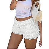 RoseSeek Women's Lace Ruffle Layered Bloomers Mid Rise Mini Shorts Lolita Cute Bubble Shorts