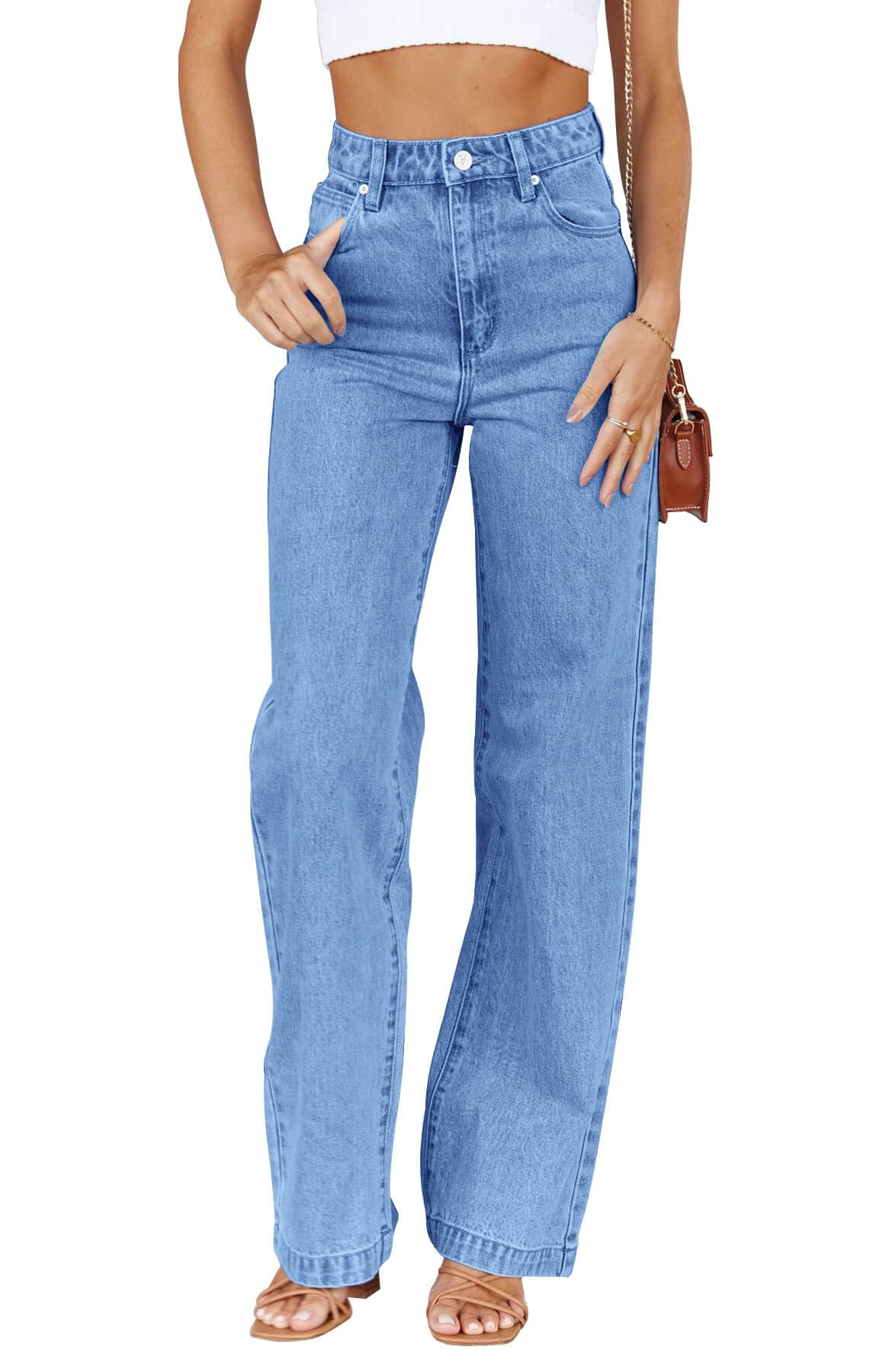 Women's High Waisted Straight Leg Jeans - Stretch Terry Denim Pants With Patch Pockets - View #4