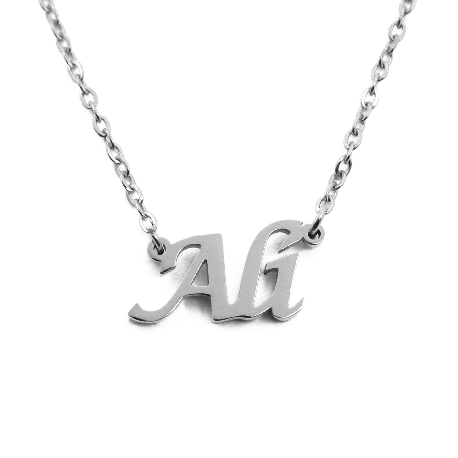 Kigu Ali Personalised Name Necklace 1 Silver Tone, Custom Dainty Name Pendants, Jewellery for Ladies, Girlfriend, Mother, Sister, Friends