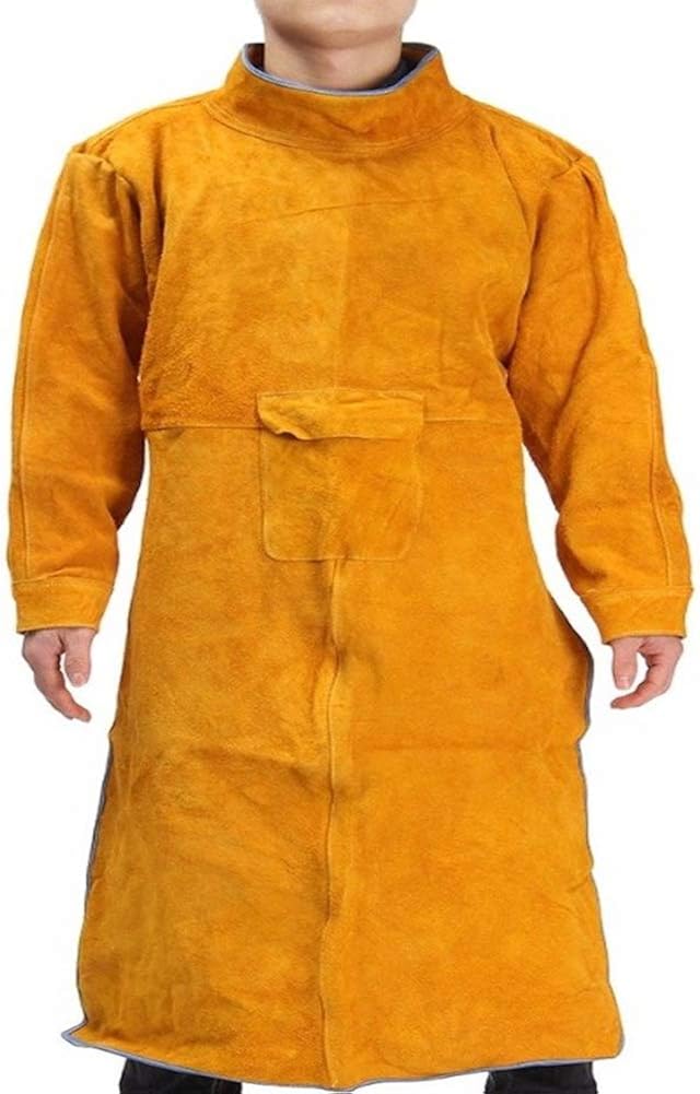 Jewboer Leather Welding Apron Jacket Anti-scald Work Apron Heavy Duty Weld Coat Clothes with Neck Sleeves: Clothing