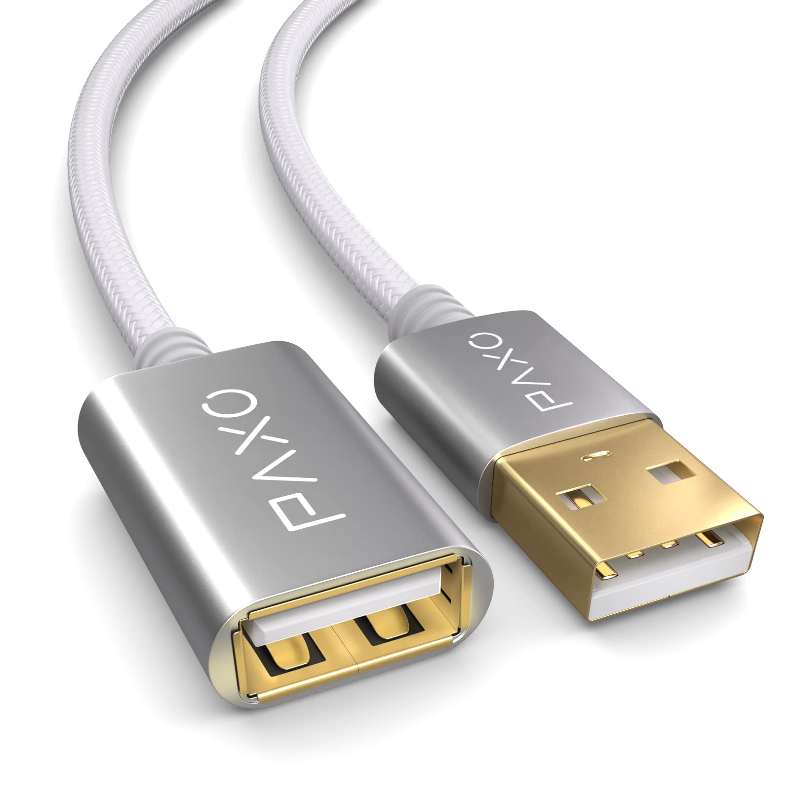 PAXO 5m nylon USB 2.0 extension white, A-A extension cable, aluminum plug, fabric jacket — image 1