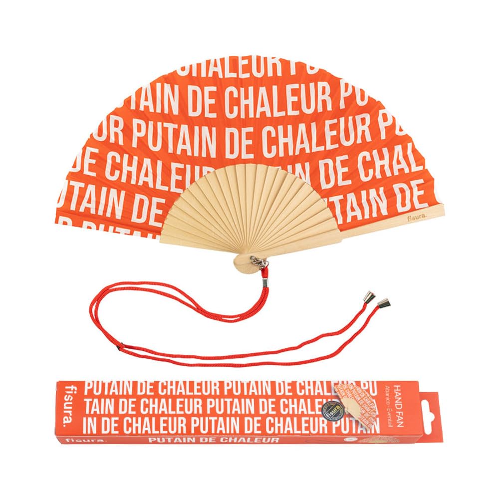 Fisura - Original handheld folding fan with message in french. wooden fan. Original holding Hand Fans. Fan with hanger included (Chaleur, red pattern)