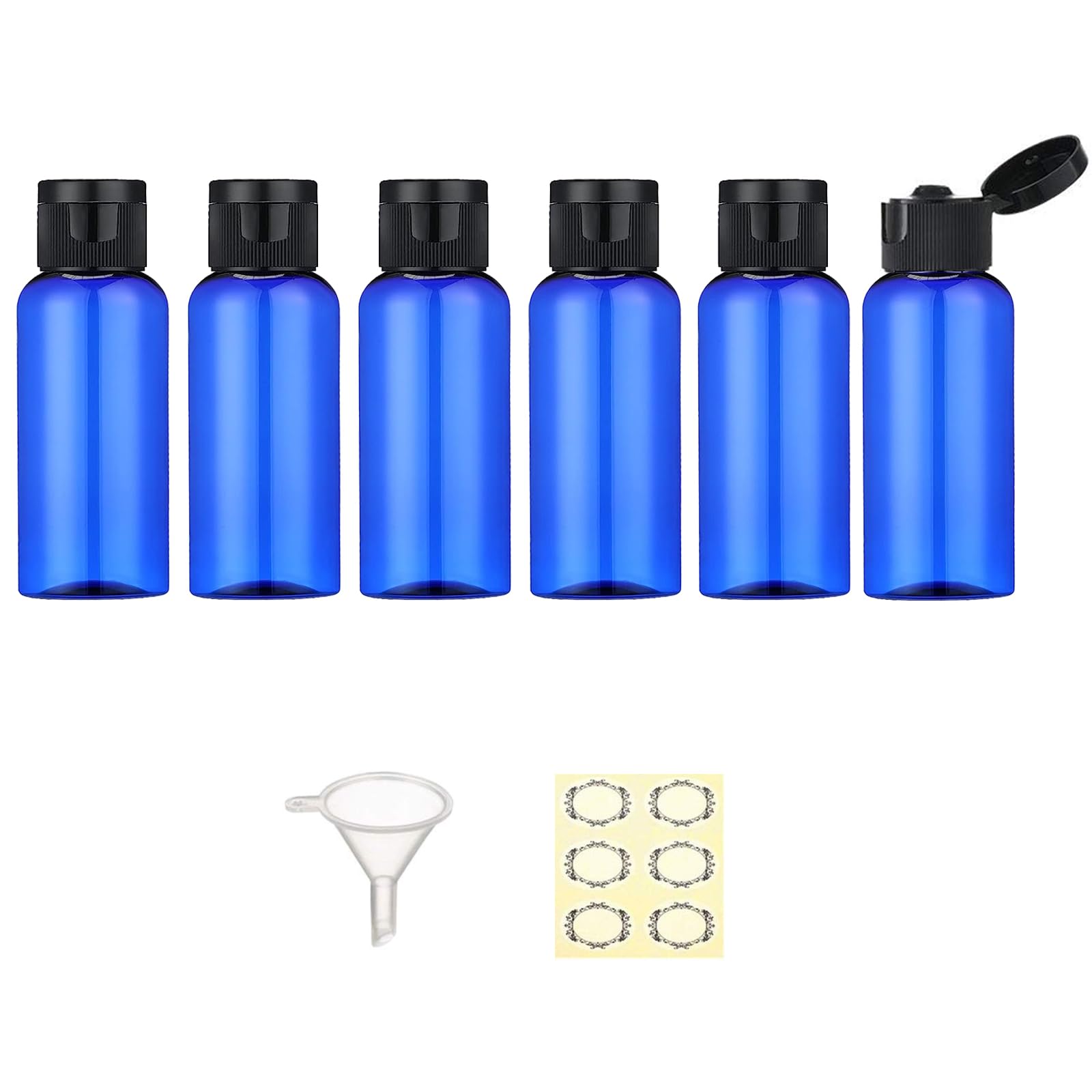 Apstaqeoo 6PCS 50ML Plastic Travel Bottles with Flip Cap Empty Squeeze Bottles Refillable Travel Container with 1 Funnel & 6 Labels TSA Approved for Liquids Lotion Toiletries Cosmetic (Blue)