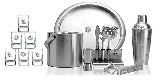 King International Stainless Steel Bar Set, Bartender Kit Cocktail Shaker Set of 14 Piece | Silver | Bar Tool Set with Cocktail shaker bottle, Jigger, Ice Bucket, etc. Champagne Bucket-Complete Bar tool set for Home bar accessories