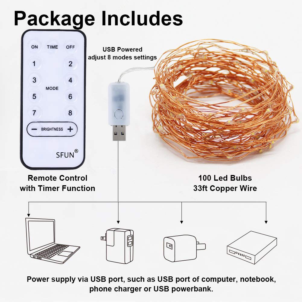 SFUN USB Powered Fairy String Lights with Remote Control 33ft 100LED 8 Modes for Valentine\'s Day Wedding Party Home Decoration