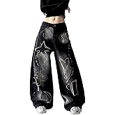 PEAINJ Baggy Jeans for Women Girls Star Barrel Jeans Wide Leg Embroidered Patchwork Denim Pants Cute Vintage Clothes