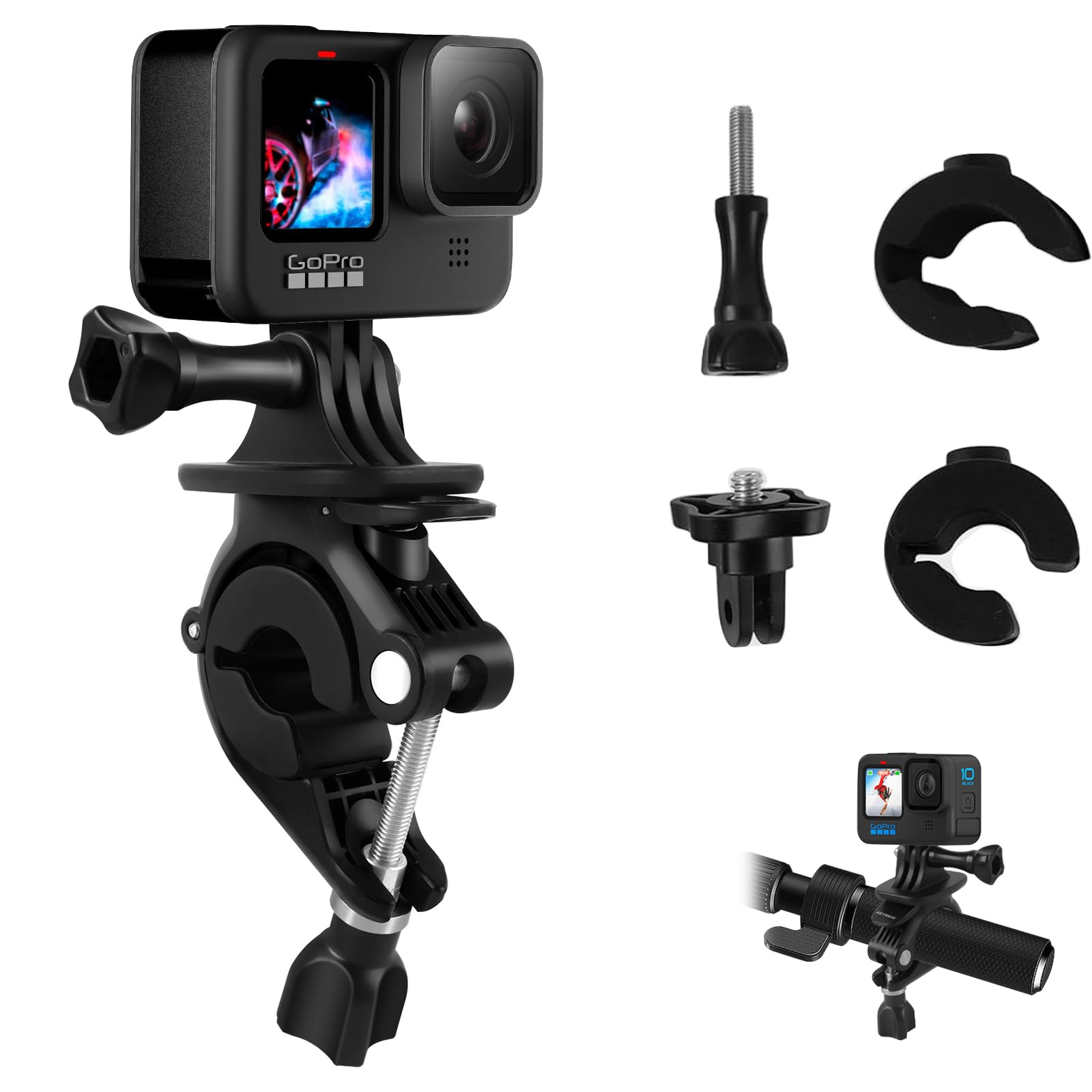 REYGEAK Bike Handlebar Mount Motorcycle Bicycle Dirt Bike Hoder Clip Attachment Mounting Accessories for GoPro Hero 12/11/10/9/8 Insta360 X3/X2 DJI Action 4/3 (Press to Rotate)