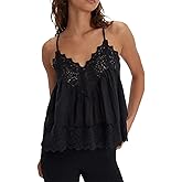 Women Sleeveless Tank Tops Lace Solid Color See Through Spaghetti Strap Cami Shirts V Neck Backless Smocked Tops