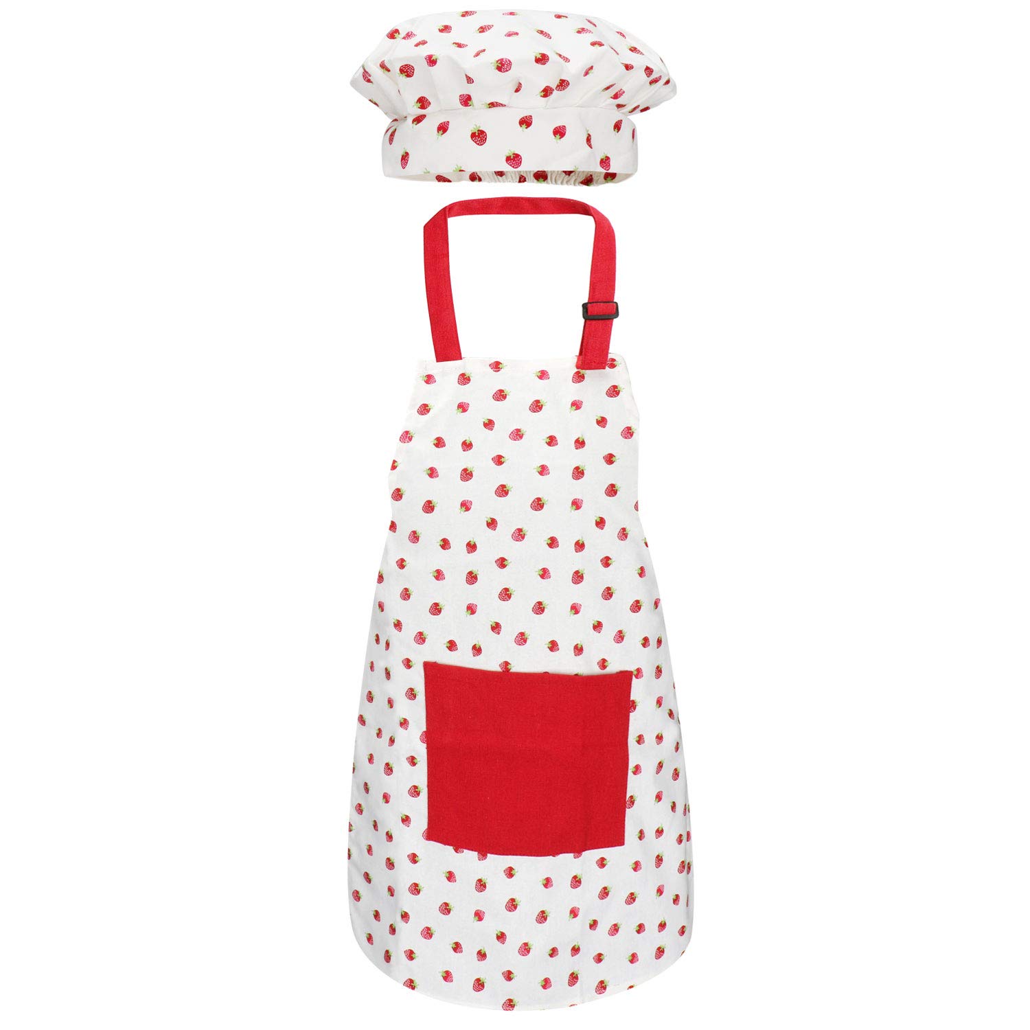 Jennice House Kids Apron and Chef Hat Set, Cute Children Baking Aprons for Boys and girls Cooking Artists Painting Gardening Aprons (Red Strawberry, Small)