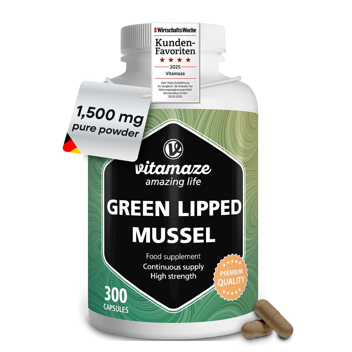 Green Lipped Mussel 1500mg- Omega 3 & Glycosaminoglycanes- 300 Capsules Pure New Zealand Green Lipped Mussel Powder - Supplement for Cartilage and Joints - German Quality