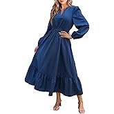 CUPSHE Women's Fall Dresses 2025 Long Sleeve V Neck Casual Outfits A Line Tunic Waist Ruffled Vacation Flowy Maxi Party Dress