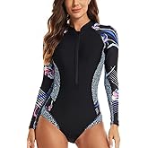 LafyKoly Women's One Piece Long Sleeve Rash Guard UV Protection Printed Surfing Swimsuit Swimwear Bathing Suit