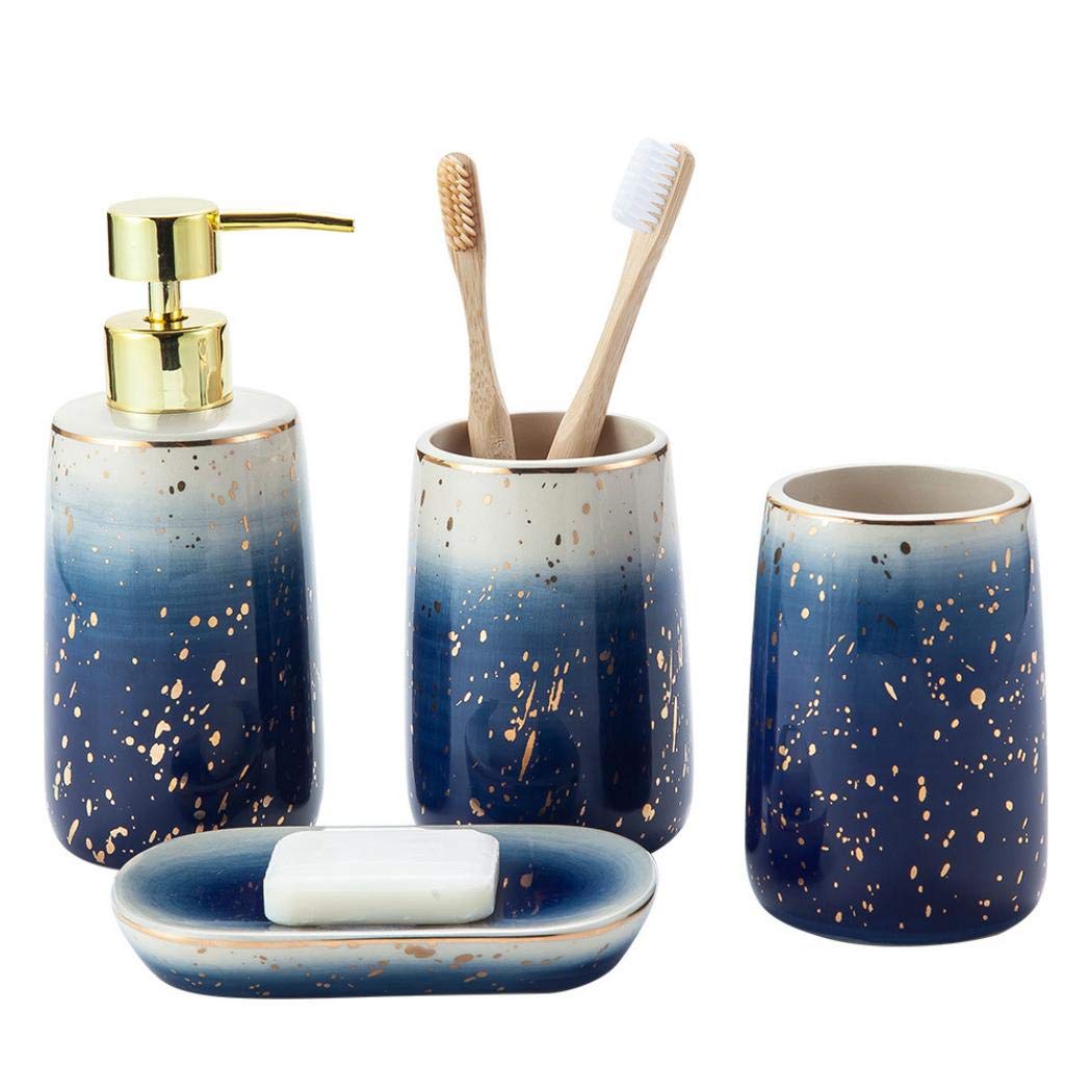 Ceramics Bathroom Accessories Set, 4 Piece Marble Bathroom Countertop Accessory Set Home Decor Accessories with Soap Dispenser, Toothbrush Holder, Bathroom Tumbler, Soap Dish
