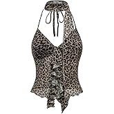 GORGLITTER Women's Cheetah Leopard Print Halter Tops Animal Mesh Bow Going Out Scarf Cute Summer Casual Trendy Top 2025