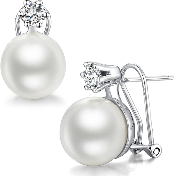 Women Pearl Earrings, Sterling Silver Cubic Zirconia Pearl Stud Earrings 13mm