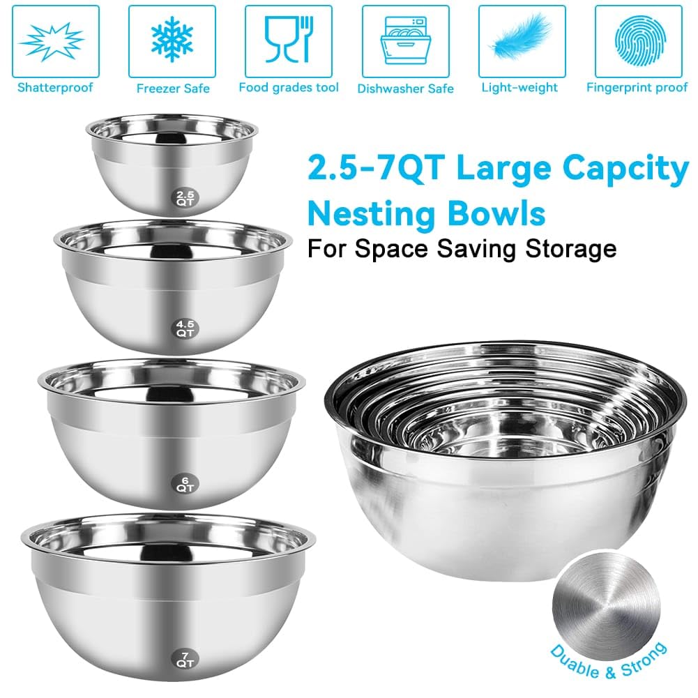 Hand Mixer Electric Mixing Bowls Set, 5 Speeds Handheld Mixer with 4 Nesting Stainless Steel Mixing Bowl, Measuring Cups Spoons 200W Kitchen Blender Whisk Beater Baking Supplies For Beginner