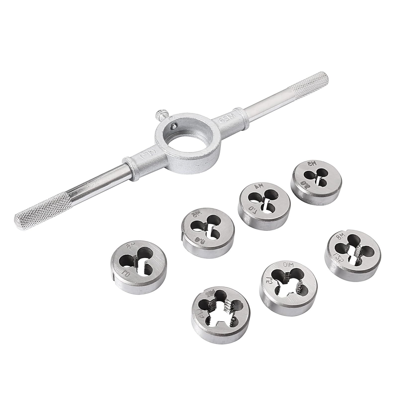 MACHSWON 8pcs Round Die Stock Handle Wrench Set,M3 M4 M5 M6 M8 M10 M12 Metric Threading Dies & 25mm (1") Die Holder for Bolt Thread Repair