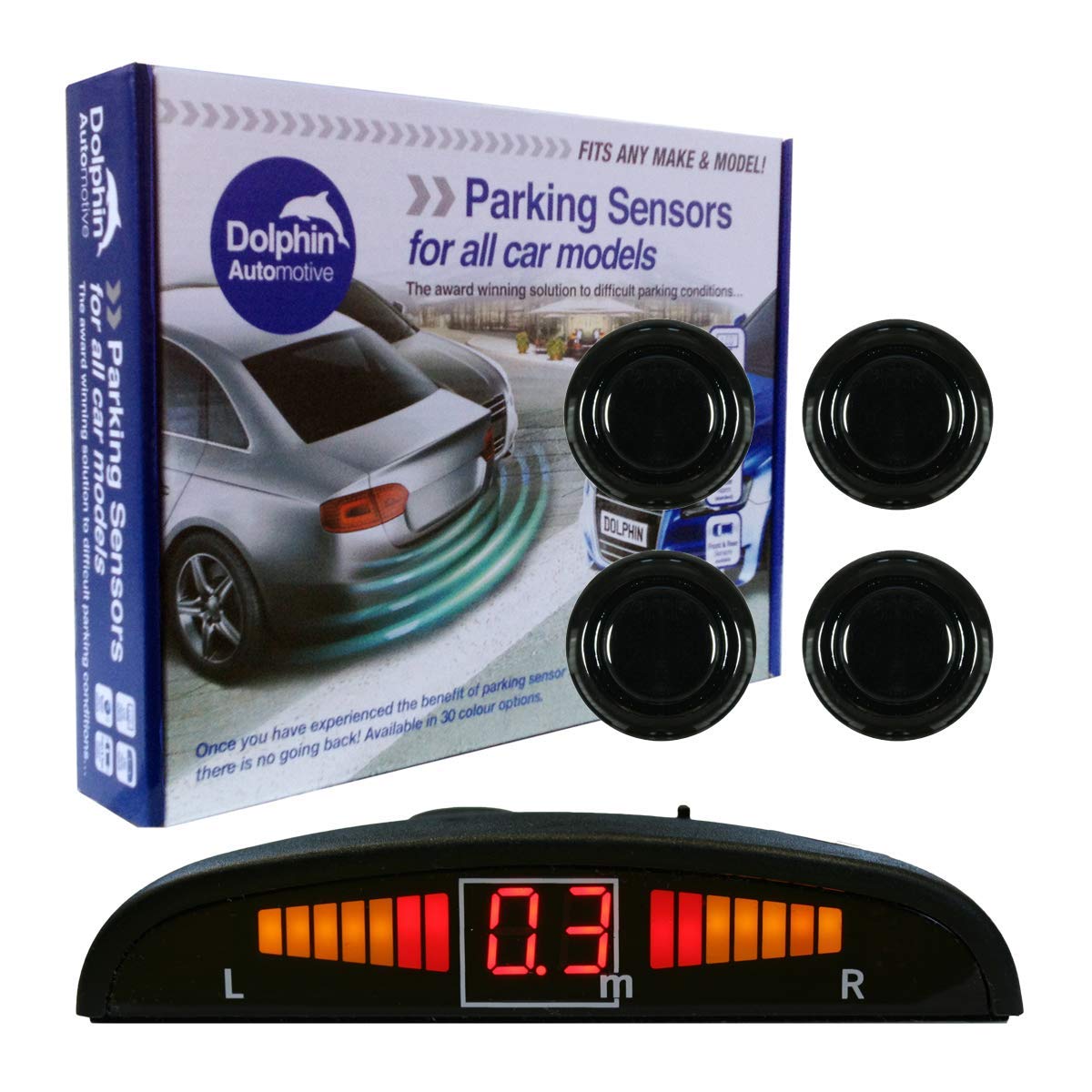 Dolphin Automotive DMS450 Micro Size Reverse Parking Sensors - 4 Rear Sensors, Display & Audio Alerts - Auto Express Award Winning Brand In 9 Colours (Gloss Black)