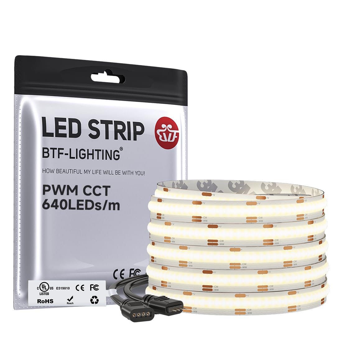 BTF-LIGHTING COB CCT Flexible High Density FCOB LED Strip 16.4FT/5M 640LEDs/m Tunable 3000K-6000K CRI＞90 Dimmable Deformable LED Light Ribbon IP30 DC24V(Only LED Strip)