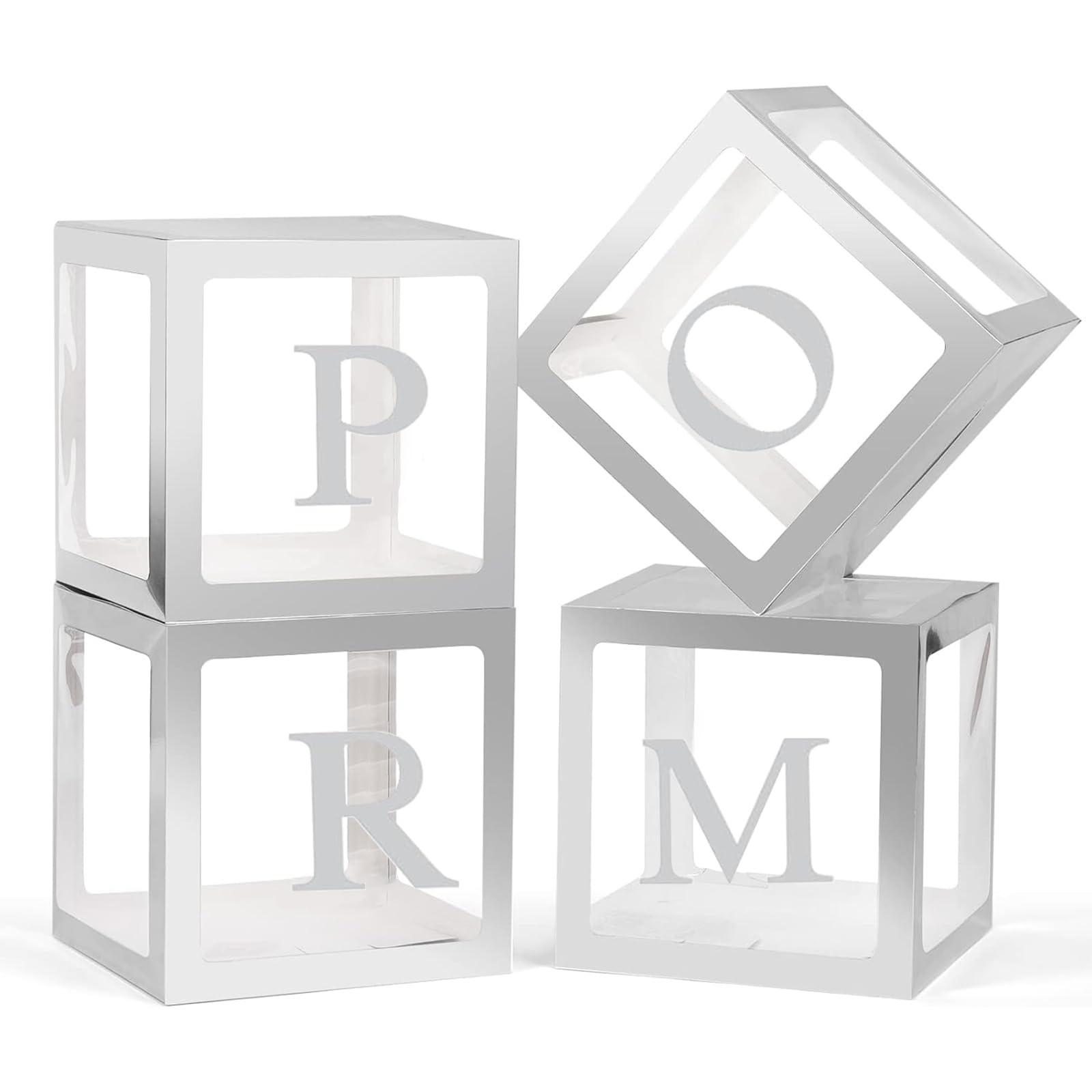 Photo 1 of 4 Pcs Prom Boxes with Letters 11.8 x 11.8 x 11.8 Inch Clear Prom Balloon Boxes Sliver for Prom Decorations 2025