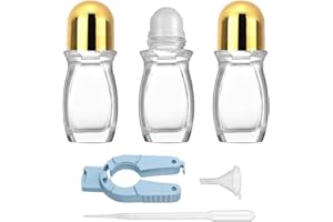Hordolry 50ml Roller Bottles for Essential Oils, 3 Pack Glass Roll on Bottles with Gold Caps, Refillable Perfume Bottle with Plastic Roller Balls, Funnel, Droppers and Opener, Clear