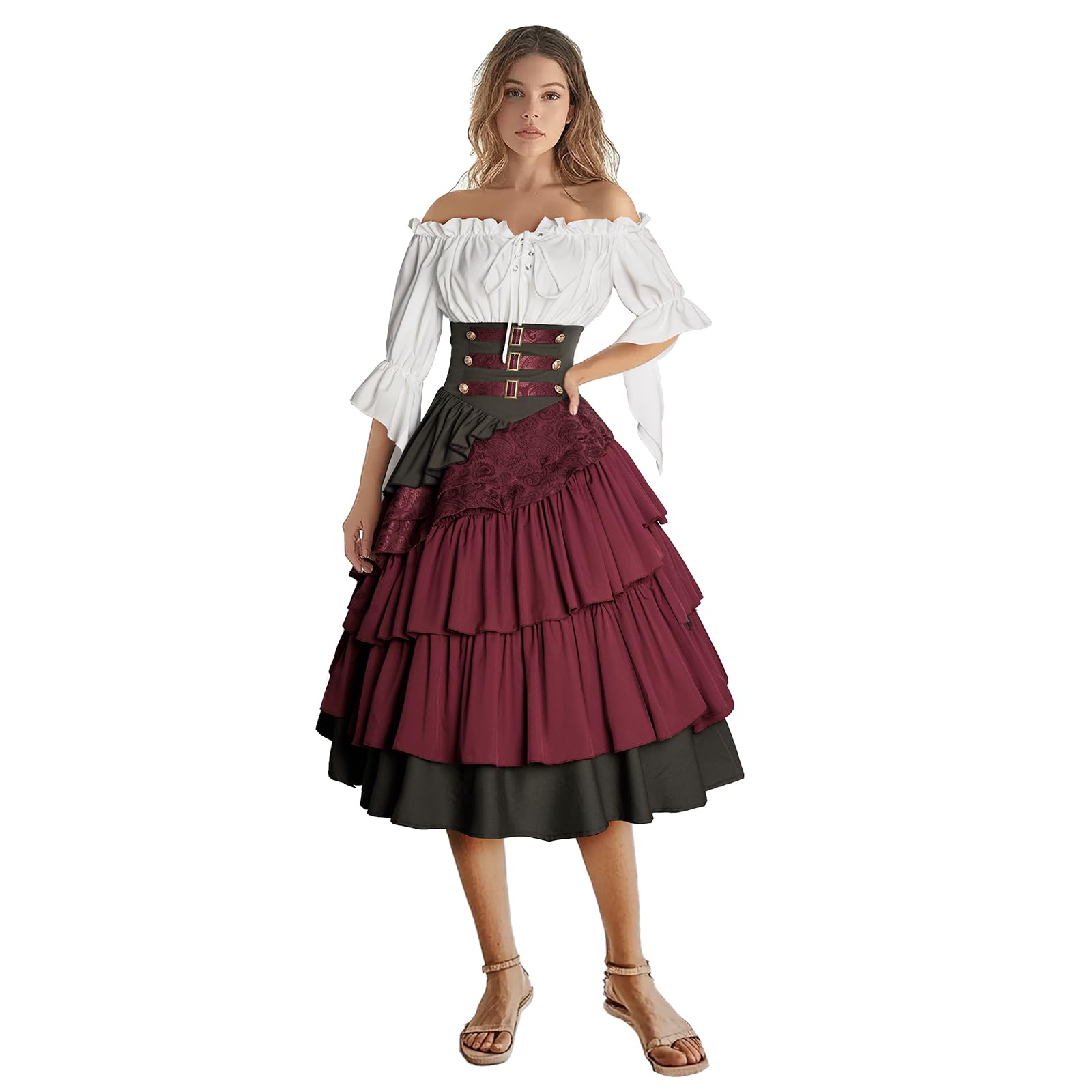 Photo 1 of ***PARTIAL SET/BOTTOMS ONLY**** IWQBQ Women's Pirate Costume Retro Renaissance Cosutmes Women Layered Ruffle Viking Outfit Set(Z2886RDST,M)