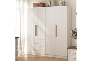 FUNISIR 4 Doors Bedroom Wardrobe, Wood Armoire with 2 Clothes Hanging Rails, 4 Storage Shelves and 2 Drawers, 63“ Wide Bedroom Storage Unit Clothes Organized Closet, White(70.9" H)