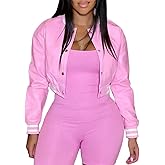 Xaspee Varsity Bomber Jacket Women Causal Baseball Crop Top Letterman Faux Leather Snap Button Sports Outwear Jackets
