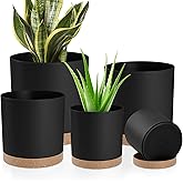 YNNICO Plant Pots with Drainage Holes and Saucers – 7, 6.5, 6, 5, 4 Inch Plastic Planters for Indoor Outdoor Plants, Modern Matte Finish, Lightweight & Durable(Black)