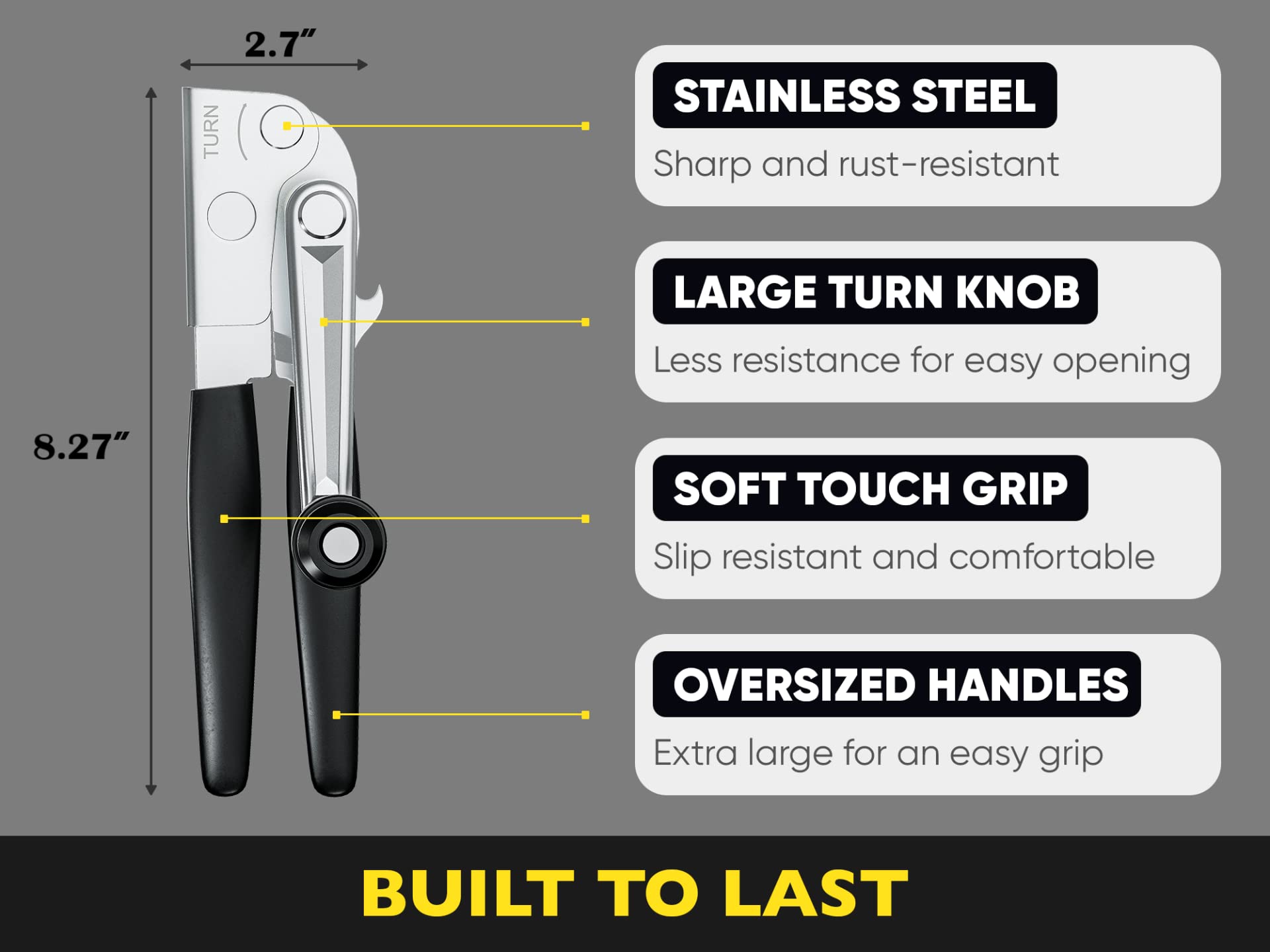 Heavy Duty Can Opener with Magnet – Commercial Can Opener Manual for Seniors, Hand Held, Sharp Blade, Smooth Edge – Folding Knob for Easy Storage, Built in Bottle Opener