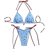 WDIRARA Women's 2 Piece Swimsuit Cherry Print Bikini Set Halter Triangle Bikini Side Tie String Bathing Suits