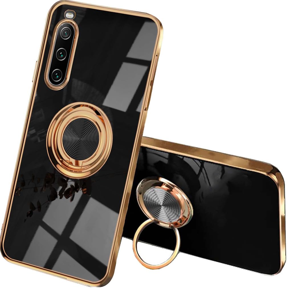 SEAHAI Case for Sony Xperia 10 V, Ultra Thin TPU Bumper Shockproof Soft Cover Electroplating Phnom Penh Design Silicone Skin Slim Case with 360 Degree Ring Kickstand, Black