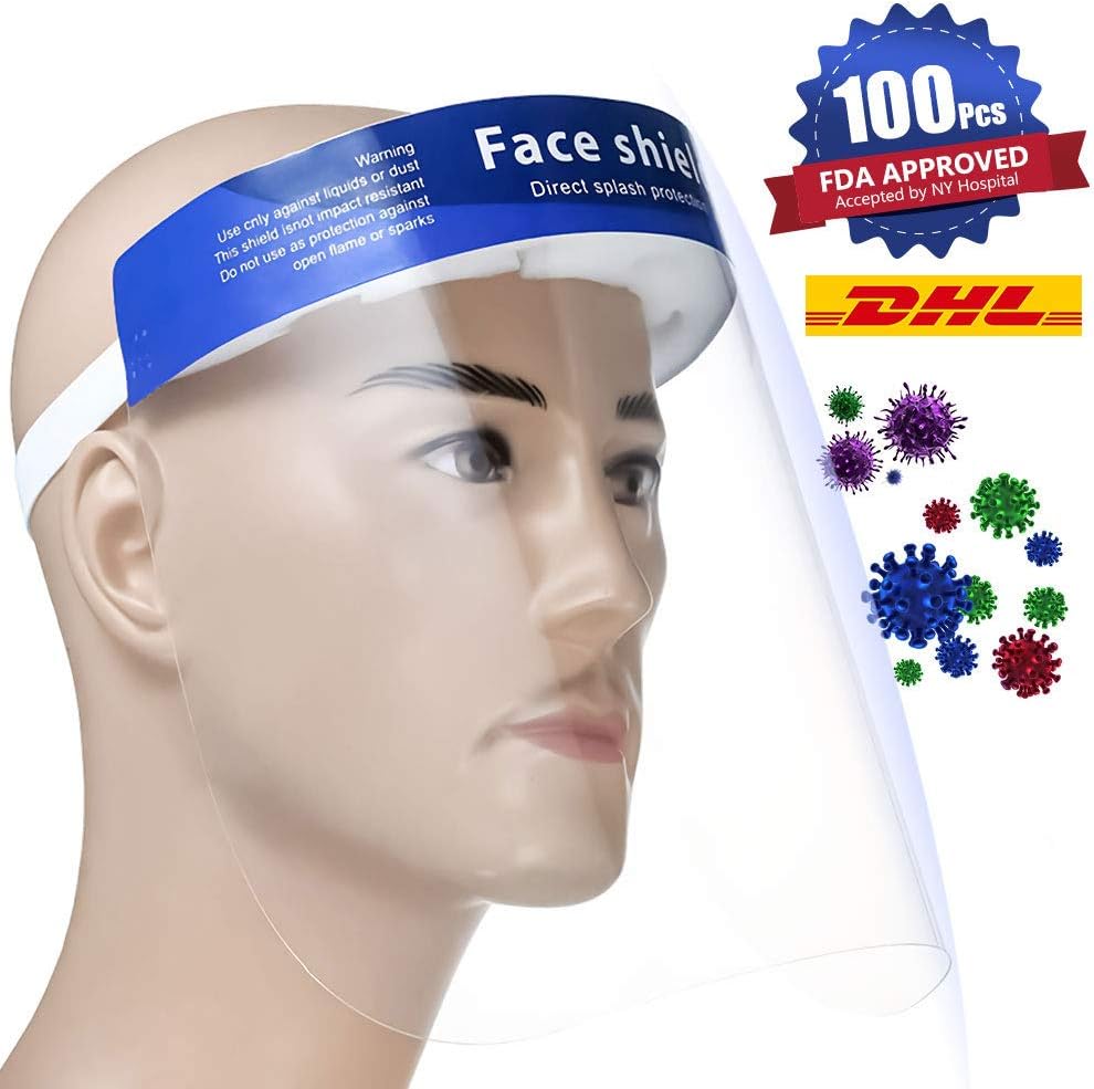 100 Pcs FDA Approved Face Shield with Protective Clear Film Protect Eyes and Face Elastic Band and Comfort Sponge